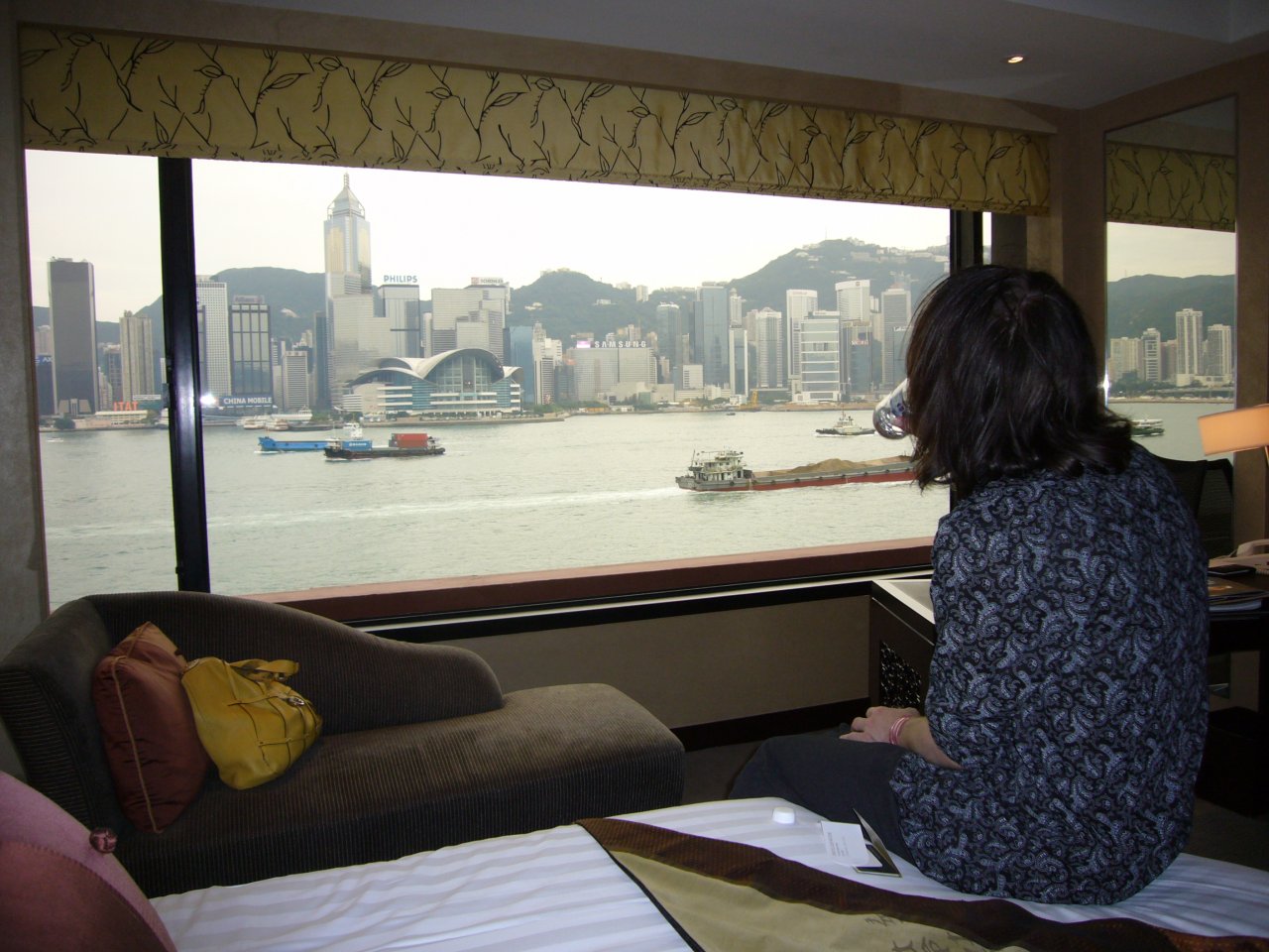 JPEG image - The panoramic view from our room, looking over the harbour to Wan Chai ...
