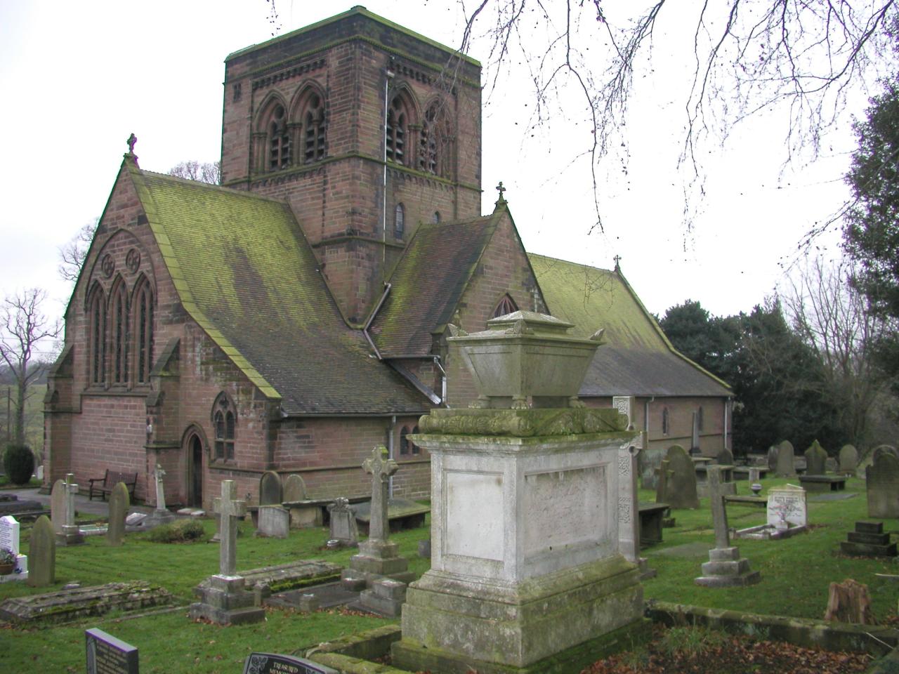 JPEG image - Norley Church from the back, with the Woodhouse family graves in the foreground ...